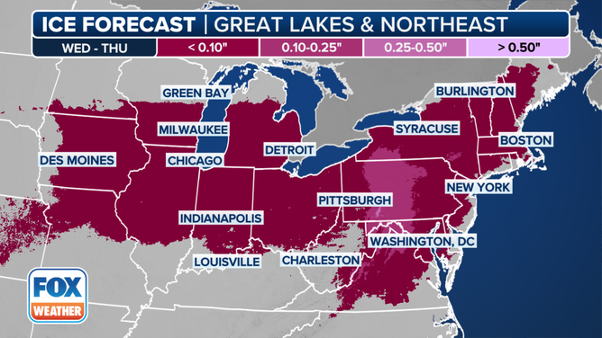 This graphic shows the ice threat from the Midwest to the Northeast on Wednesday, Feb. 5 and Thursday, Feb. 6.