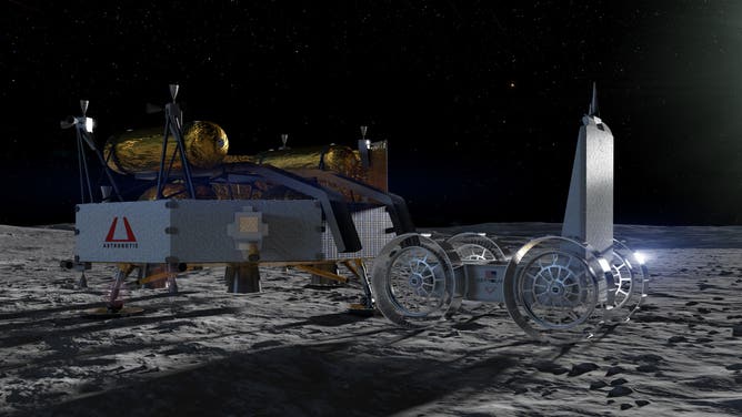 Astrobotic's Griffin lander, on left, and Astrolab's FLIP rover, on right.