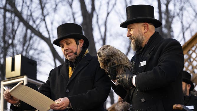 PENNSYLVANIA, UNITED STATES - FEBRUARY 02: Groundhog Club handler A.J. Dereume holds Punxsutawney Phil, the weather prognosticating groundhog, during the 139th celebration of Groundhog Day on Gobbler's Knob in Punxsutawney, Pennsylvania on February 2, 2025. Phil's handlers said that the groundhog has forecast six more weeks of winter. (Photo by Mostafa Bassim/Anadolu via Getty Images)