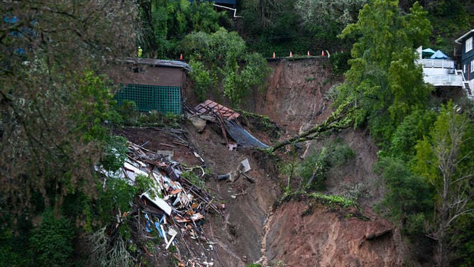 California, USA - February 4: A large slide takes out an entire house that dumped into the Russian river under heavy rain in the Foresville in Sonoma County, California, USA, February 4, 2025 as an atmospheric river hits northern California. 