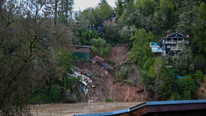 California, USA - February 4: A large slide takes out an entire house that dumped into the Russian river under heavy rain in the Foresville in Sonoma County, California, USA, February 4, 2025 as an atmospheric river hits northern California.