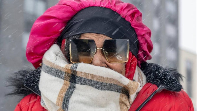 Brycandis Clardy, bundled up in a thick scarf and a bright red coat, stands for a portrait as heavy snow falls on Tuesday, Feb. 18, 2025, in Kansas City.