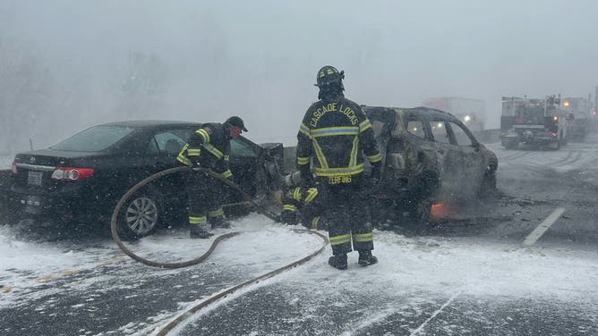 Vehicles involved in the pileup of more than 100 vehicles.