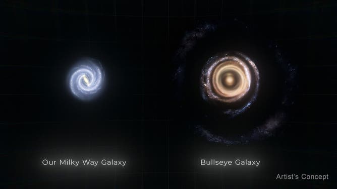 This illustration compares the size of our own Milky Way galaxy to gargantuan galaxy LEDA 1313424, nicknamed the Bullseye. The Milky Way is about 100,000 light-years in diameter, and the Bullseye is almost two-and-a-half times larger, at 250,000 light-years across.