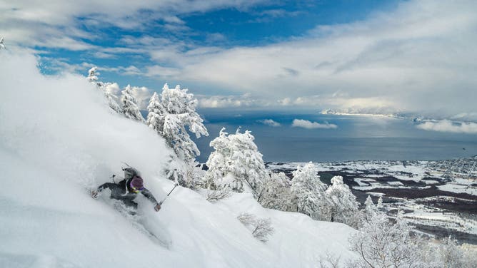 Skiing on a snowy mountain.