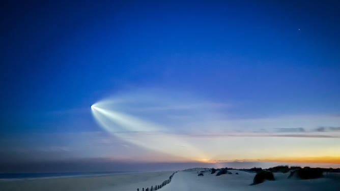 A SpaceX rocket seen from Assateague Island, Maryland on Feb. 4, 2025 after launching from Florida.