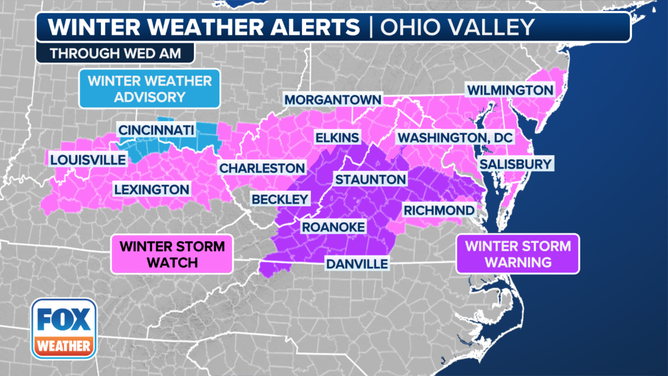 This graphic shows winter weather arms in effect in Ohio Valley and Mid-Atlantic.