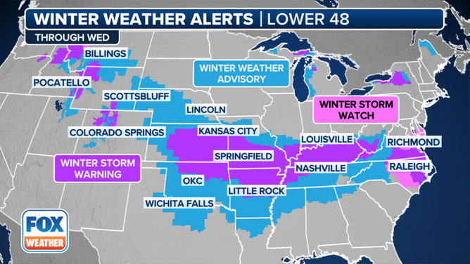 This graphic shows active winter weather alerts across the U.S.