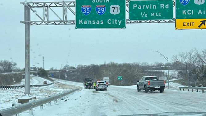 This photo shows a crash on Interstate 35 in Clay County, Missouri, Wednesday, February 12, 2025.