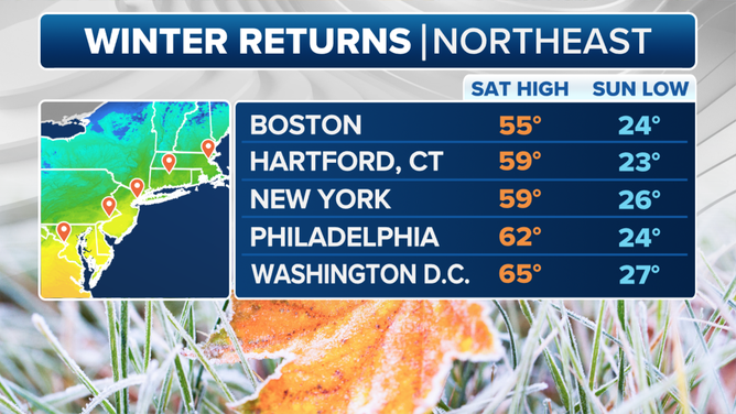 This graphic shows the forecast high temperatures on Saturday and the forecast low temperatures on Sunday morning.