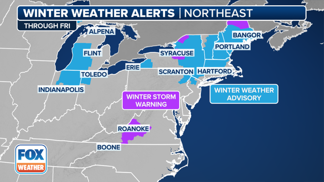 This graphic shows active winter weather alerts in the Northeast and New England.