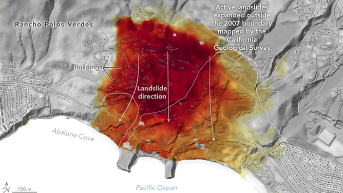 Motion of landslides on the Palos Verdes Peninsula following record-breaking rainfall in 2023.