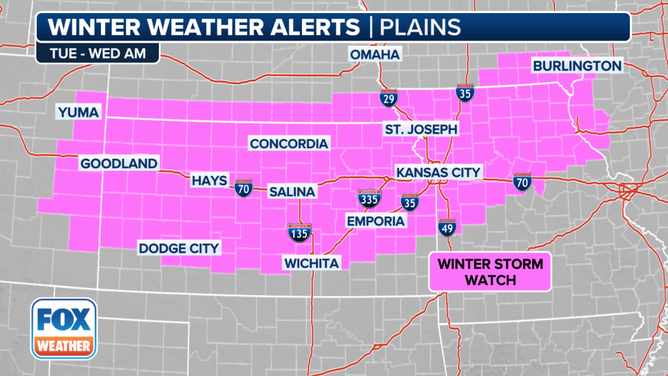 This graphic displays winter weather arms that apply in the central plains.