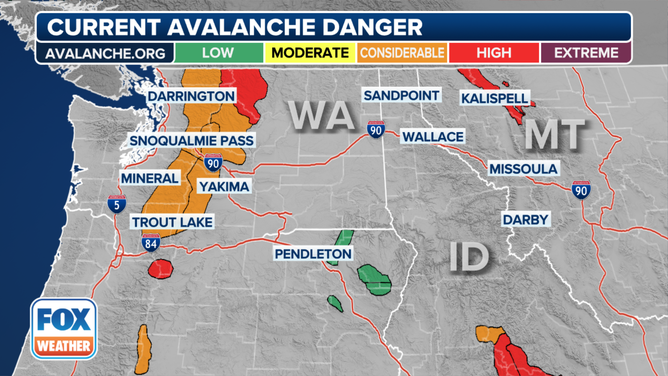 This graphic shows the avalanche danger in the Pacific Northwest.