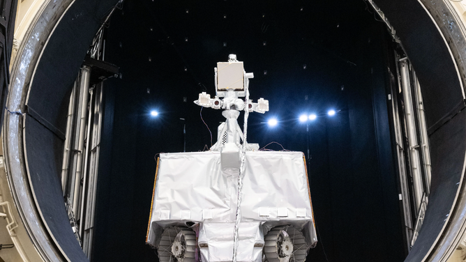 NASA’s VIPER (Volatiles Investigating Polar Exploration Rover) sits outside a testing chamber after completing its thermal vacuum testing in the fall of 2024.