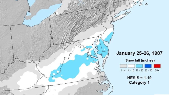 Snowfall accumulation map from Jan. 25-26, 1987