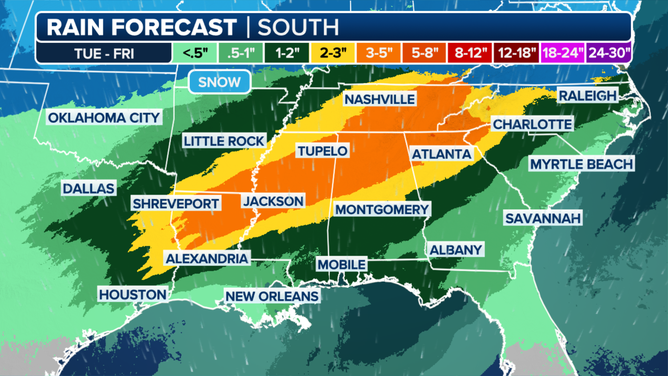 This graphic shows the forecast rain totals in the Southeast this week.