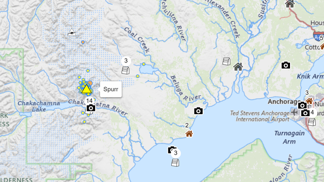 Map of Mt. Spurr and earthquake activity.