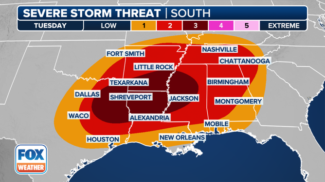 This graphic shows the severe weather threat on Tuesday, March 4, 2025.