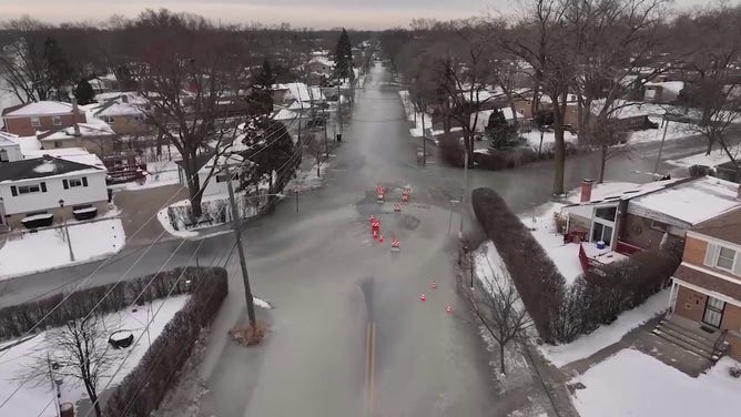 Site of the water main break at the intersection of East Prairie Road and Emerson Street.