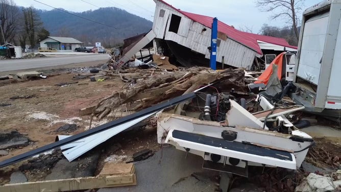 FOX Weather Correspondent Robert Ray shared these photos as he toured the community of Swannanoa, North Carolina, which was devastated by Hurricane Helene last year. He spoke with residents who are still trying to recover as winter weather descended upon the region.