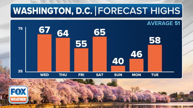 This graphic shows the forecast high temperatures in Washington, D.C., over the next seven days.