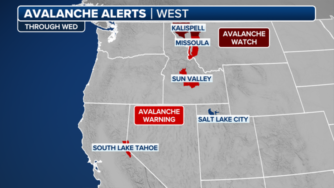 This graphic shows avalanche alerts in effect in the West.