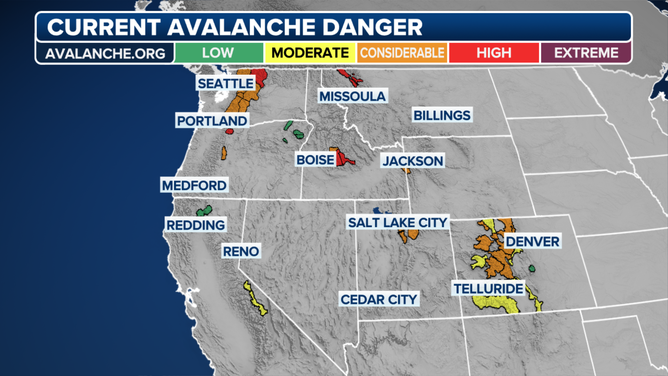 This graphic shows the avalanche danger across the western U.S.