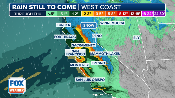 This graphic shows the rain and snow forecast in California through Thursday, Feb. 6, 2025.