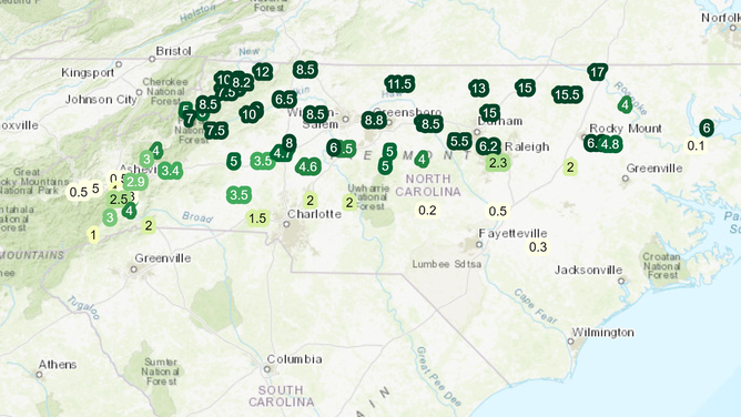 Snowfall accumulation map in North Carolina (Feb. 17-18, 1989)