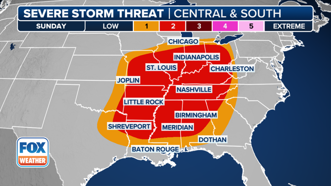 This graphic shows the severe weather threat on Sunday, March 30, 2025.