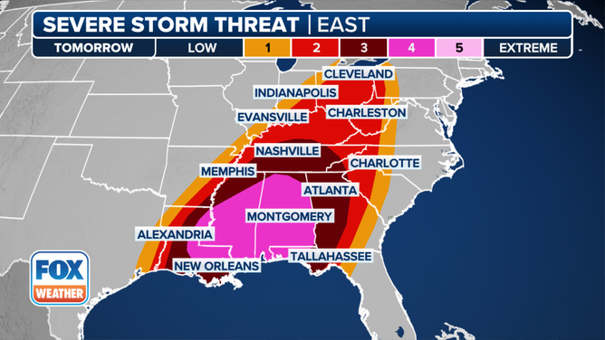 This graphic shows the severe weather threat on Saturday, March 15, 2025.