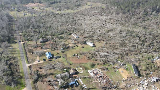 Aerial photo shows damage in Dallas County, Alabama, after severe weather Saturday night.