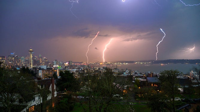 Seattle thunderstorms produce vivid lightning as storm slams