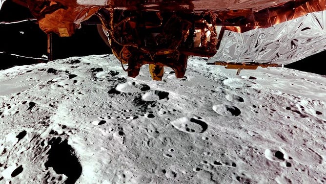Firefly's Blue Ghost lander captured footage of the Moon during its third lunar orbit maneuver on February 24 that inserted the spacecraft in a near-circular low lunar orbit. The photo was captured about 100 km above the lunar surface, showing the far side of the Moon and a top-down view of Blue Ghost's RCS thrusters (center) and radiator panels on each side.