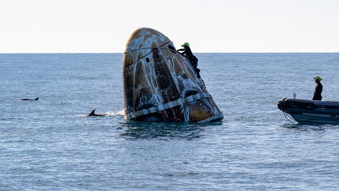 Support teams work around a SpaceX Dragon spacecraft shortly after it landed with NASA astronauts Nick Hague, Suni Williams, Butch Wilmore, and Roscosmos cosmonaut Aleksandr Gorbunov aboard in the water off the coast of Tallahassee, Florida, Tuesday, March 18, 2025. Hague, Gorbunov, Williams, and Wilmore are returning from a long-duration science expedition aboard the International Space Station. 