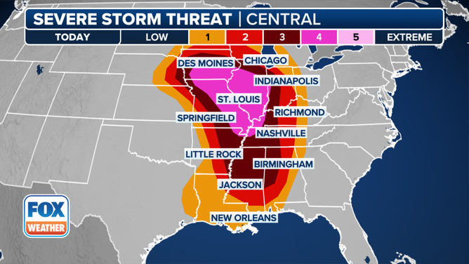 This graphic shows the severe weather threat on Friday, March 14, 2025.