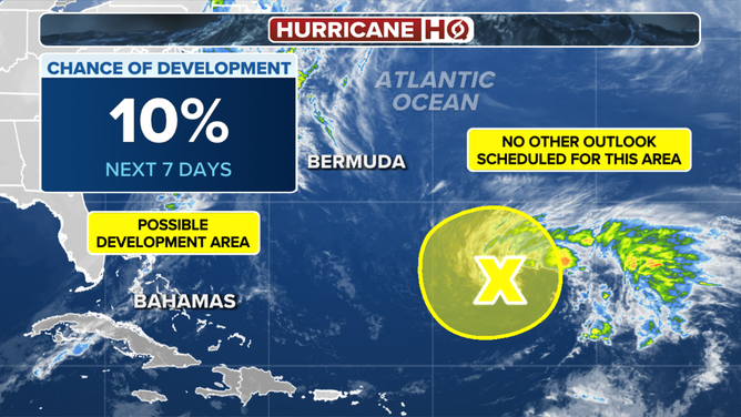 This image shows details on an area of low pressure swirling in the Atlantic that has a low chance of tropical development.