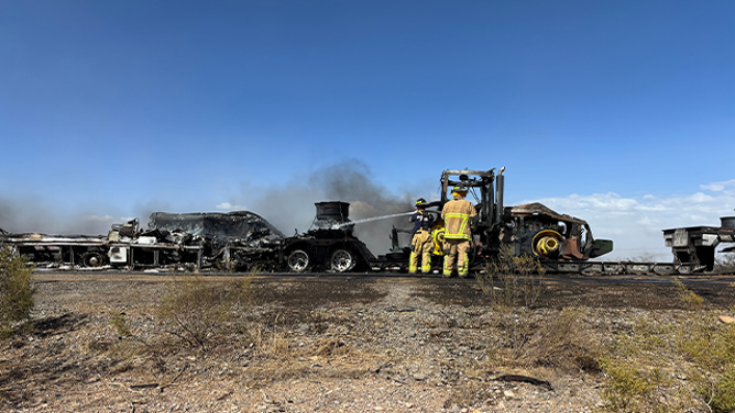 This image provided by the Arizona Department of Public Safety shows the aftermath of a deadly multivehicle crash on Interstate 10 near Tonopah on Saturday, March 1, 2025.