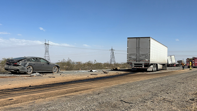 This image provided by the Arizona Department of Public Safety shows the aftermath of a deadly multivehicle crash on Interstate 10 near Tonopah on Saturday, March 1, 2025.