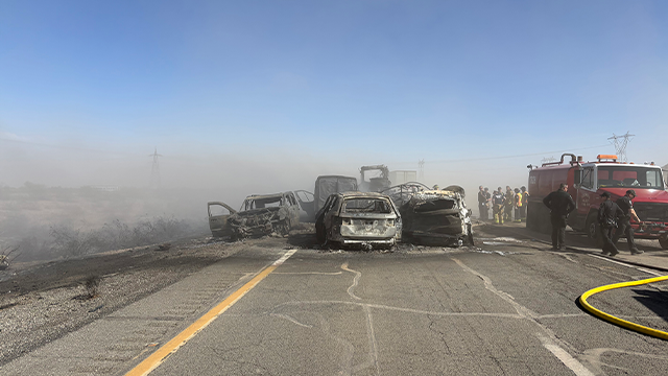 This image provided by the Arizona Department of Public Safety shows the aftermath of a deadly multivehicle crash on Interstate 10 near Tonopah on Saturday, March 1, 2025.