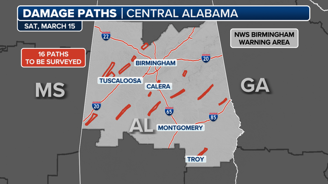 This graphic shows the 16 storm paths being investigated by the National Weather Service office in Birmingham, Alabama.