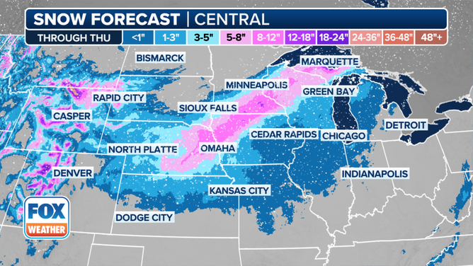 This graphic shows the forecast snow totals through Thursday, March 20, 2025.