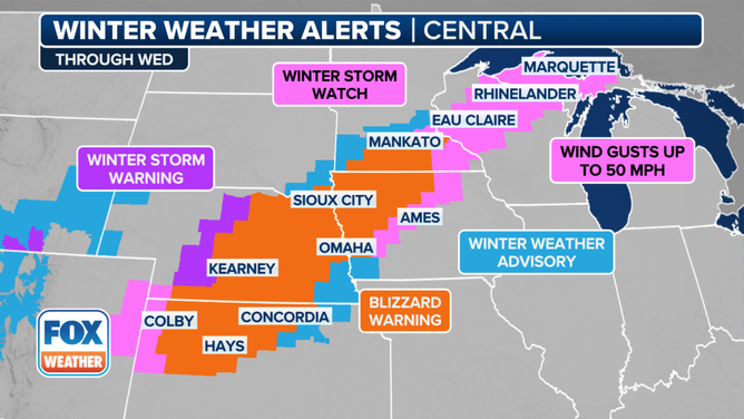 This graphic shows active winter weather alerts.