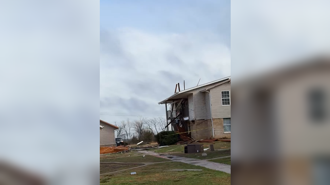 Severe weather damage from tornado captured in Ada, Oklahoma.