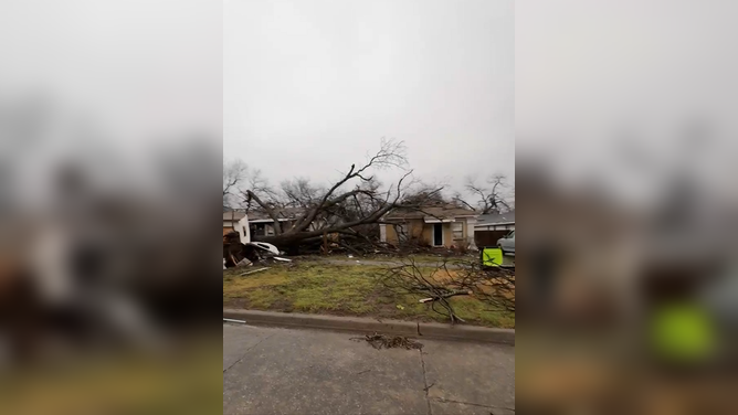 Severe weather damage from tornado captured in Ada, Oklahoma.