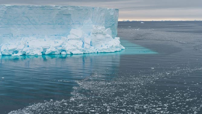 The remnants of a massive iceberg calving event are seen from Research Vessel Falkor (too).