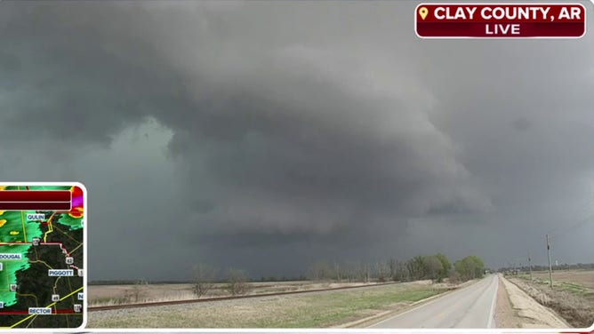 Tornado-warned storms push through Arkansas.