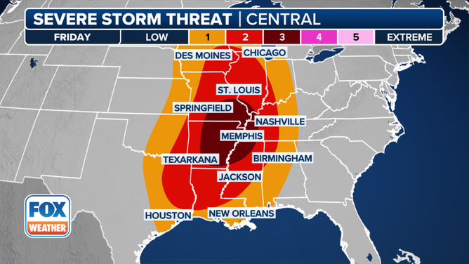 This graphic shows the severe weather threat on Friday, March 14, 2025.