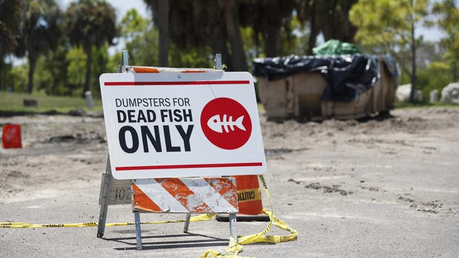 FILE - A sign is posted for depositing dead marine life from the Red Tide bacteria into dumpsters, is seen at Maximo Park on July 21, 2021 in St Petersburg, Florida. (Photo by Octavio Jones/Getty Images)